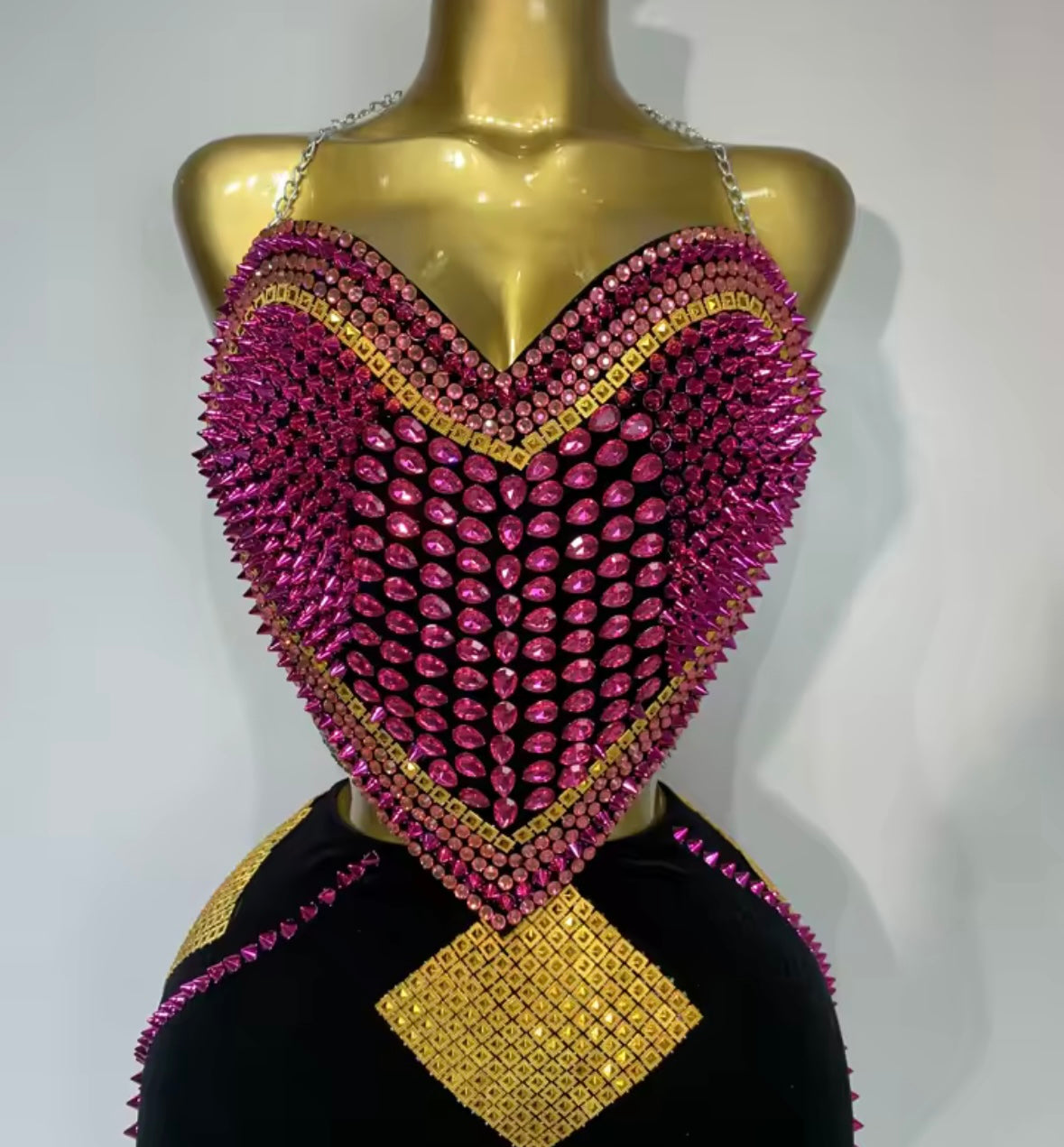 Chain Halter Sleeveless Heart Rhinestone Two Piece Pant Set