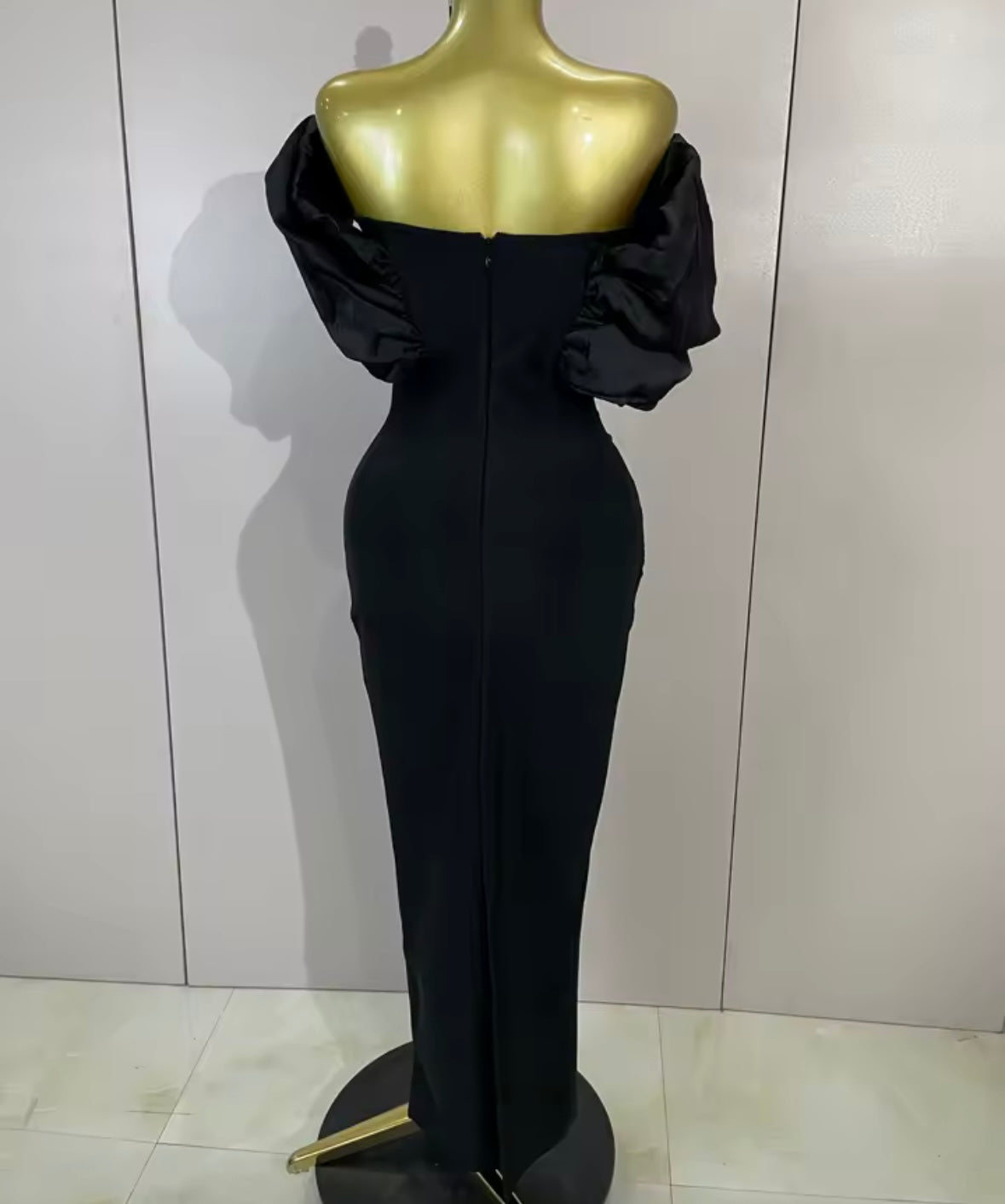Elegant Puff Sleeve Shiny Rhinestone Maxi Dress