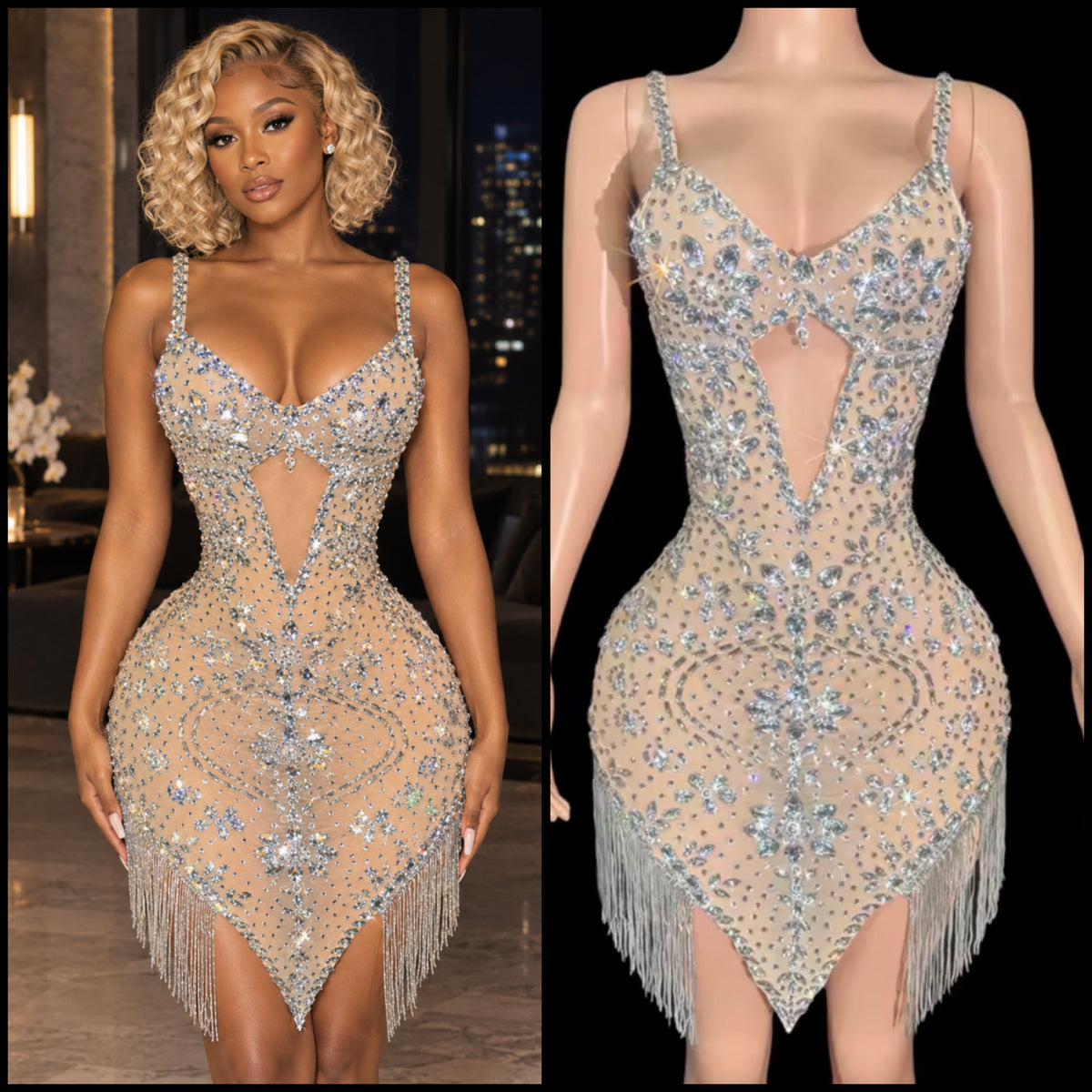 Sexy Sleeveless Rhinestone Embellishment Tassel Dress