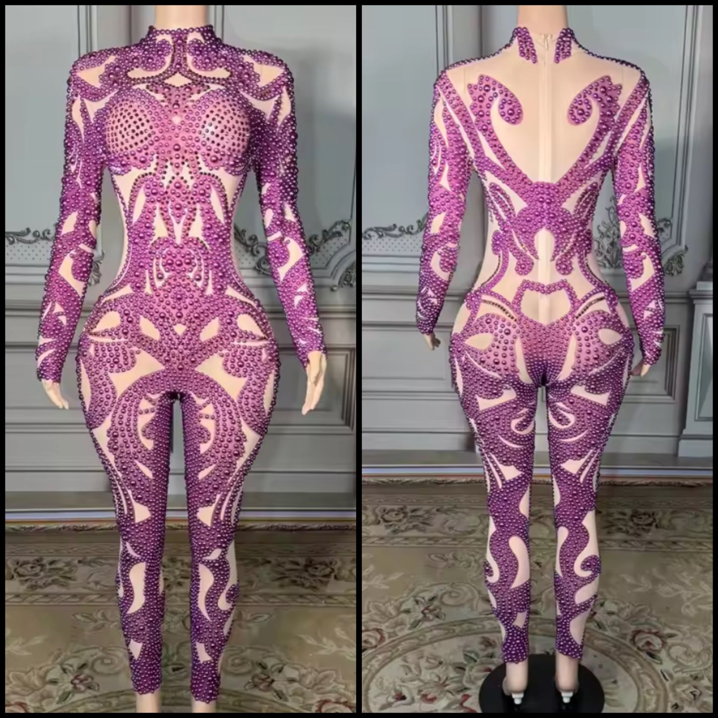 Sexy Beaded Rhinestone Full Sleeve Jumpsuit