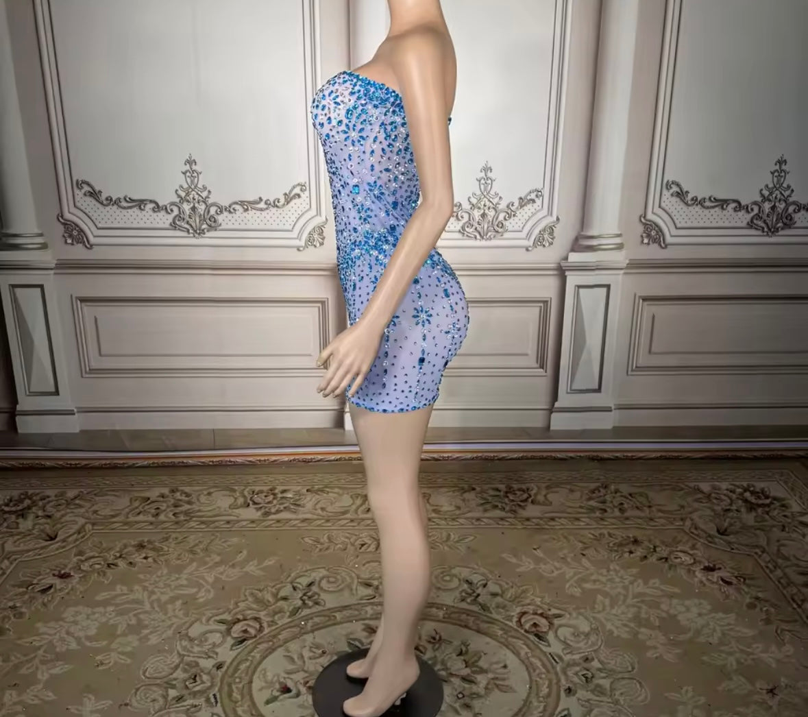Sexy Blue Strapless Rhinestone Embellishment Short Dress