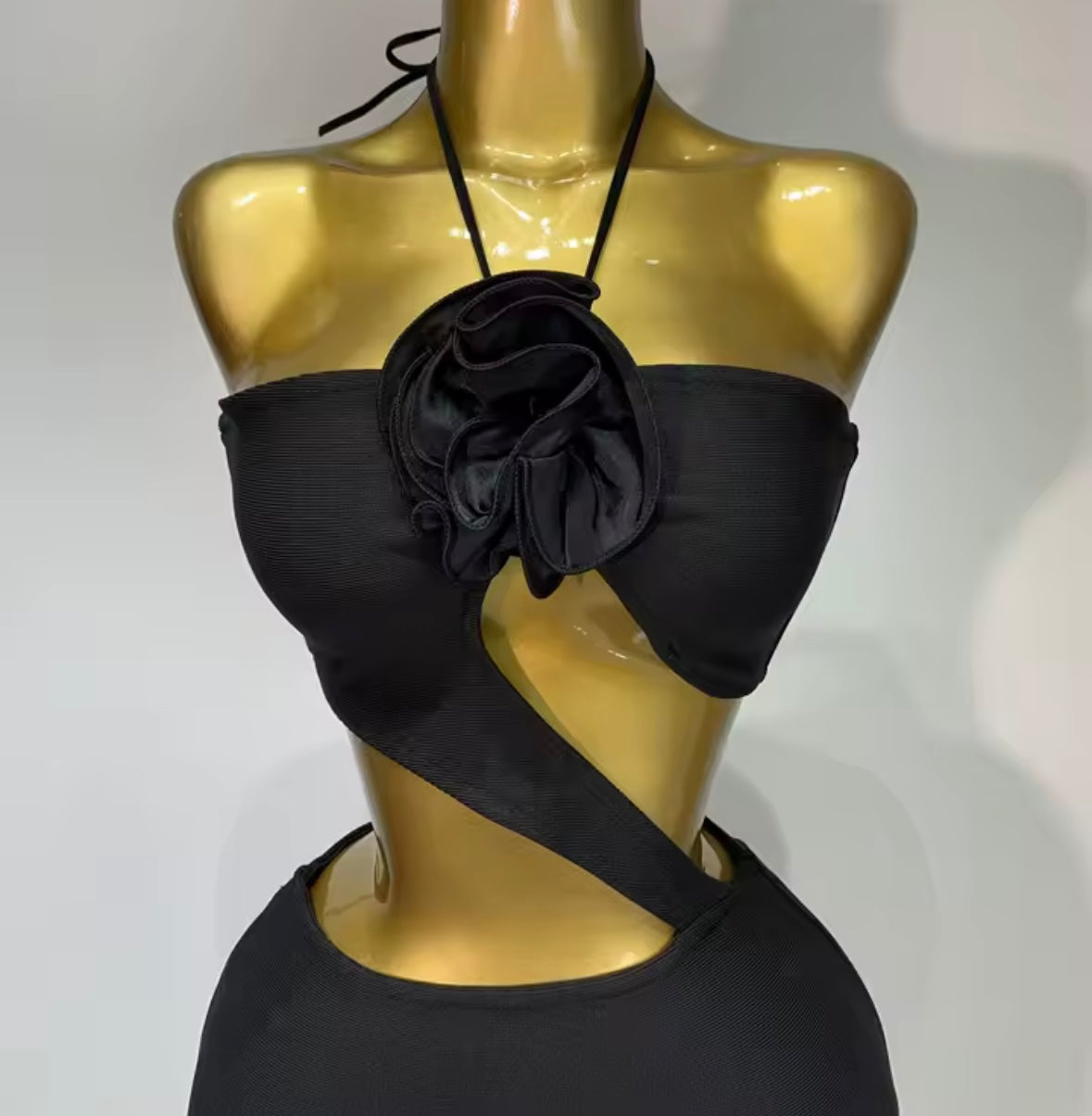 Black Sexy Halter Open Back Hollow Out Midi Dress