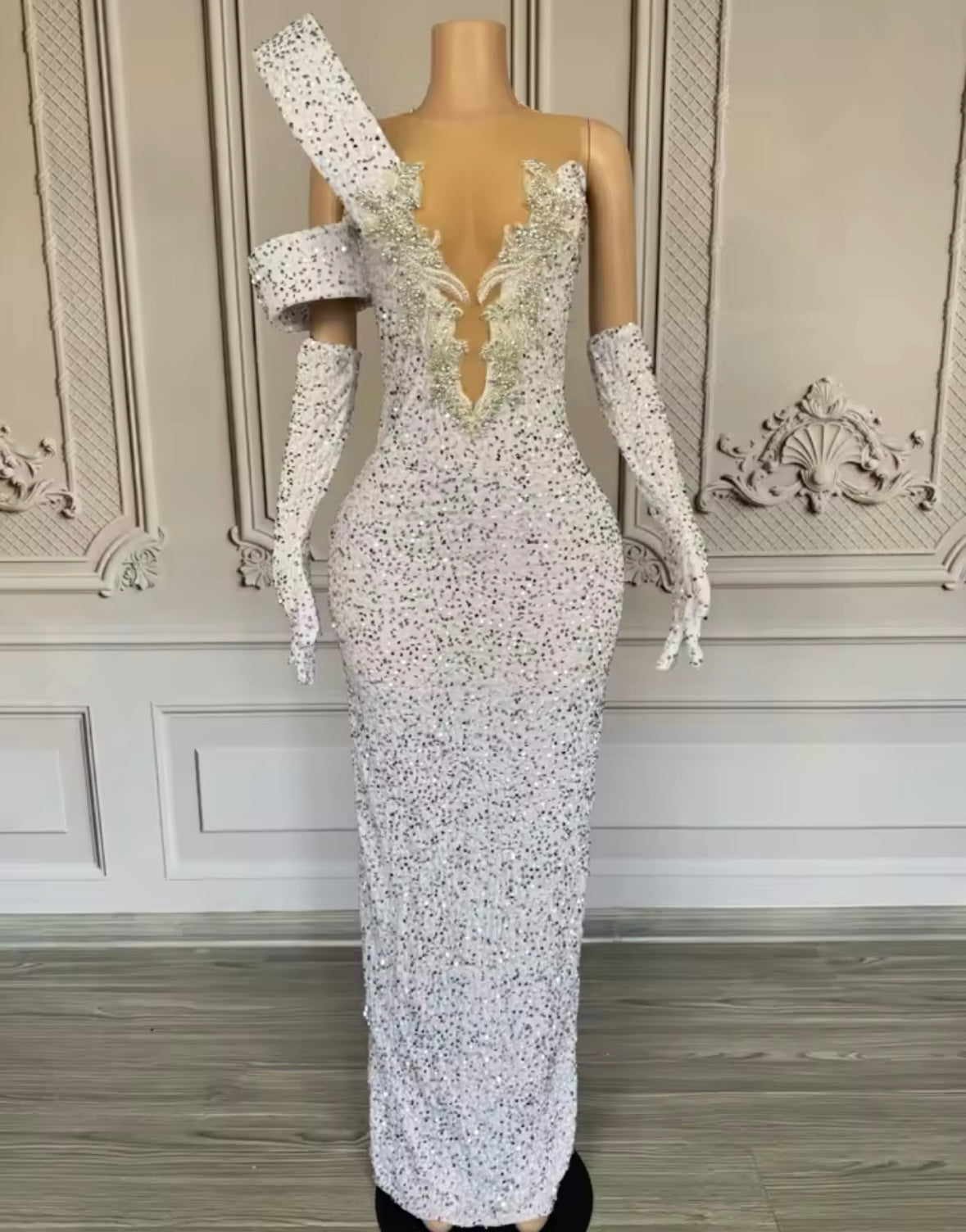 Elegant Sparkly Rhinestone Glove Maxi Dress