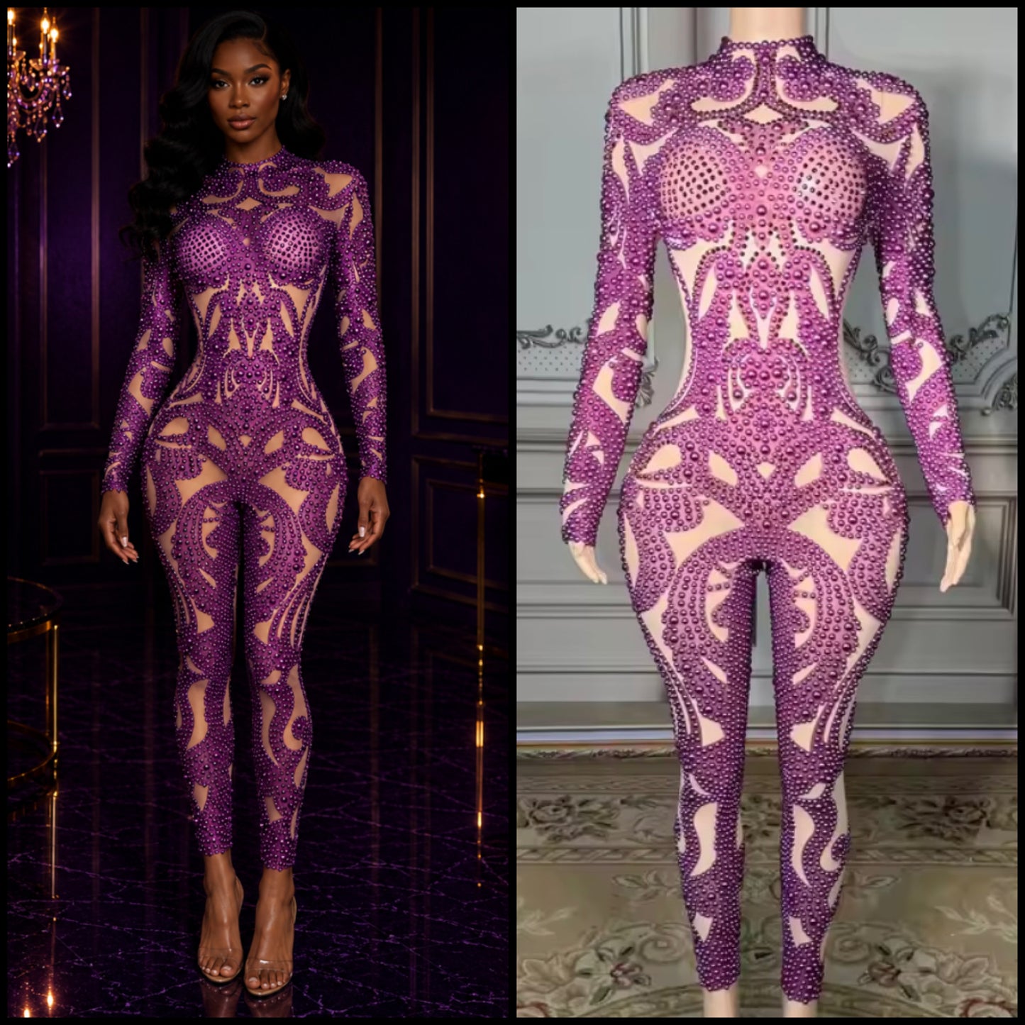 Sexy Beaded Rhinestone Full Sleeve Jumpsuit