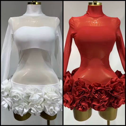 Sexy See Through Full Sleeve Floral Short Dress