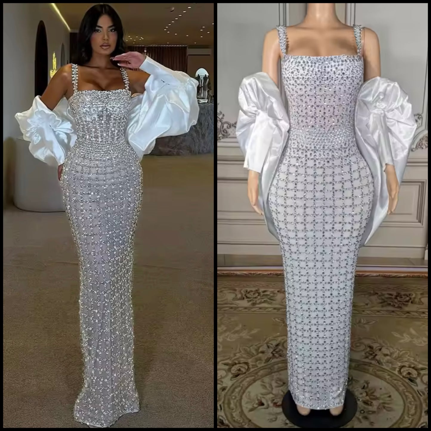 Rhinestone Embellishment Sexy Sleeveless Satin Glove Maxi Dress