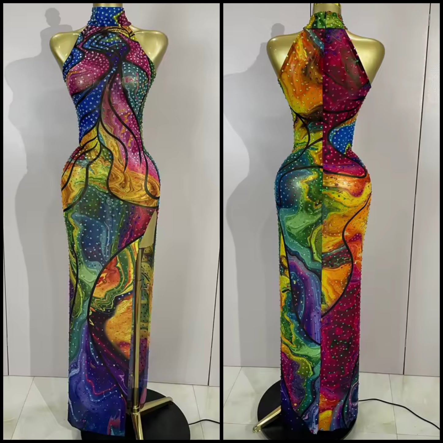 Sleeveless Multicolored Sexy Rhinestone Side Split Maxi Dress