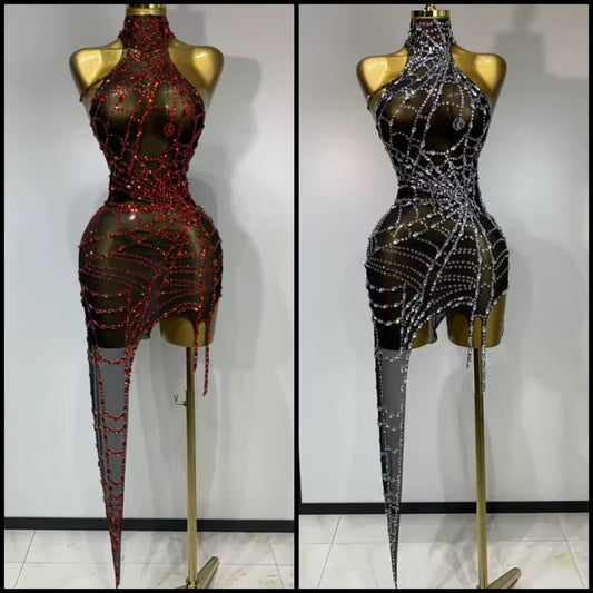 Sexy Rhinestone Mesh Sleeveless Asymmetrical Dress