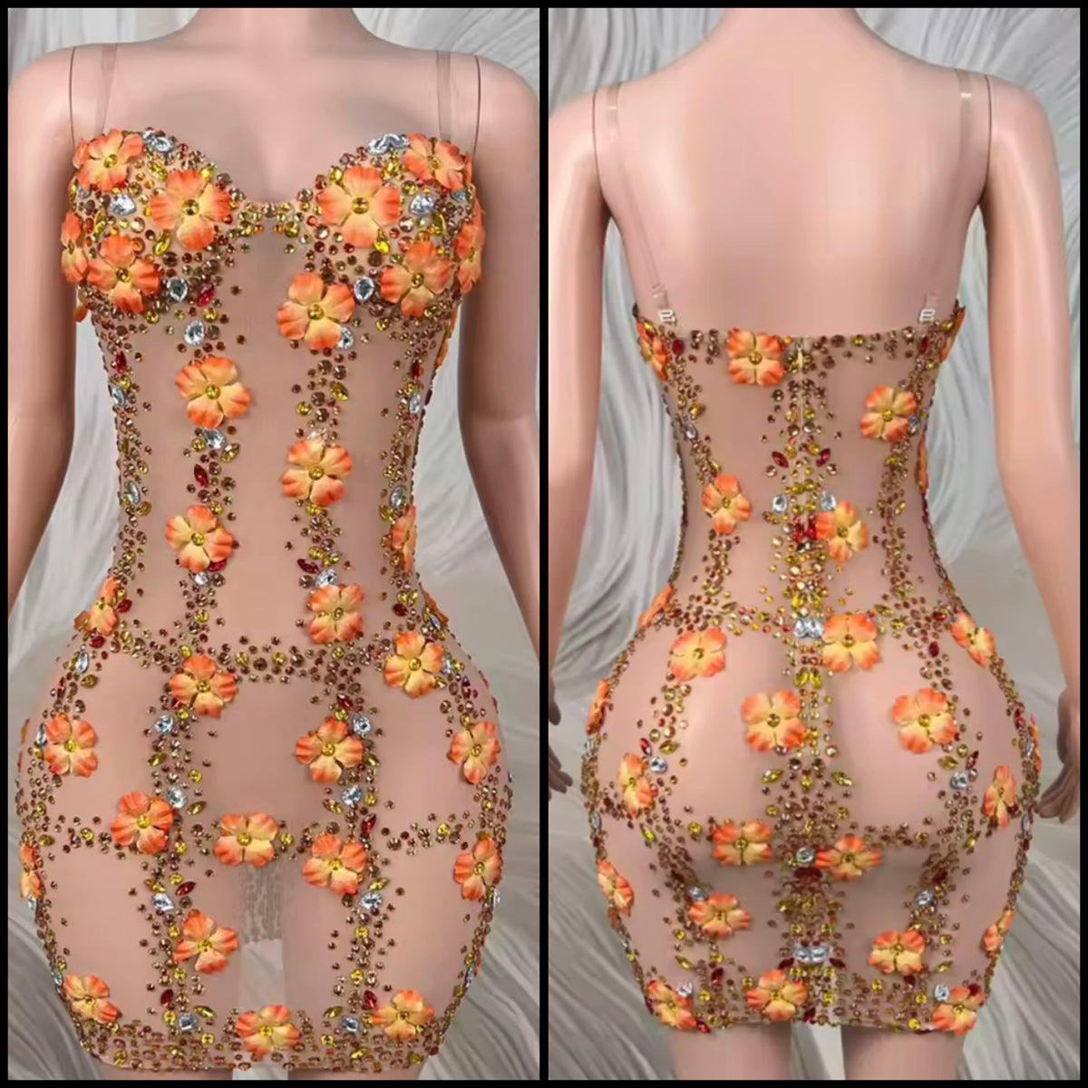 Sexy Sleeveless Rhinestone Orange Floral See Through Dress
