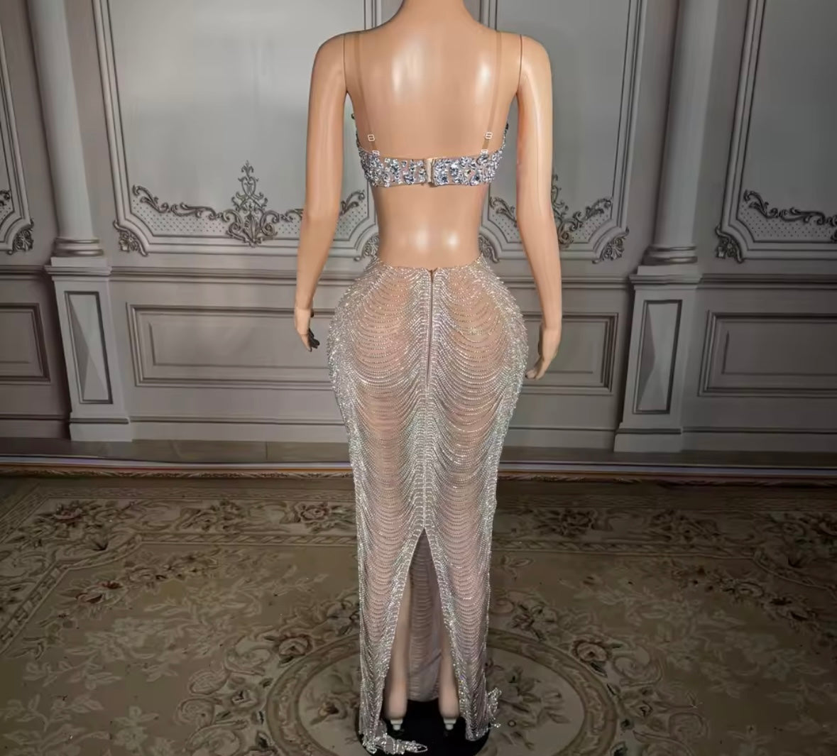 Sexy Sleeveless Rhinestone Chain Maxi Skirt Set