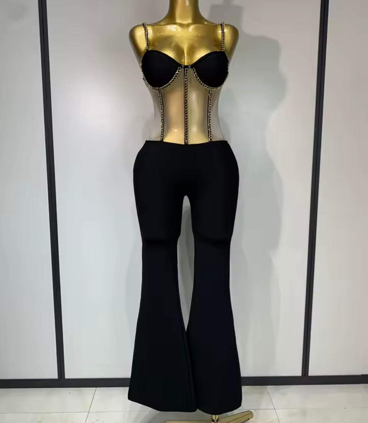 Sexy Chain Sleeveless Black Mesh Patchwork Jumpsuit