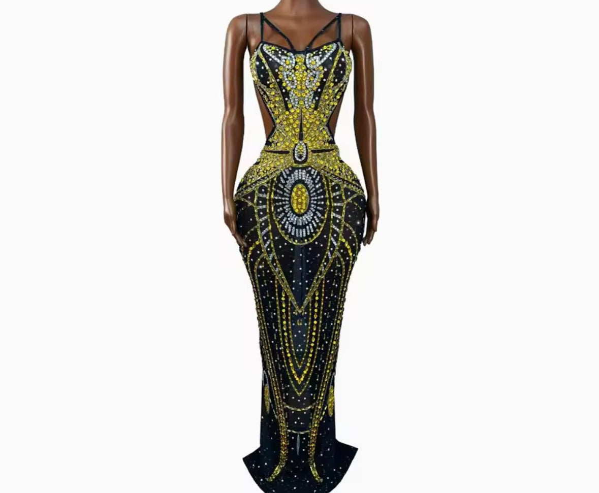 Sexy Sleeveless Open Back Rhinestone Maxi Dress
