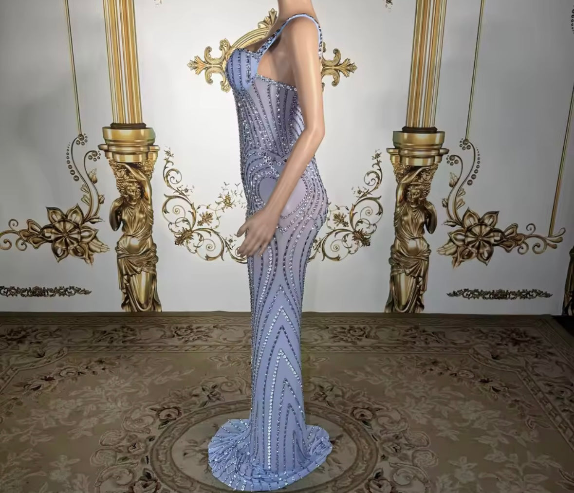 Blue Sexy Sleeveless Rhinestone Embellishment Mermaid Dress