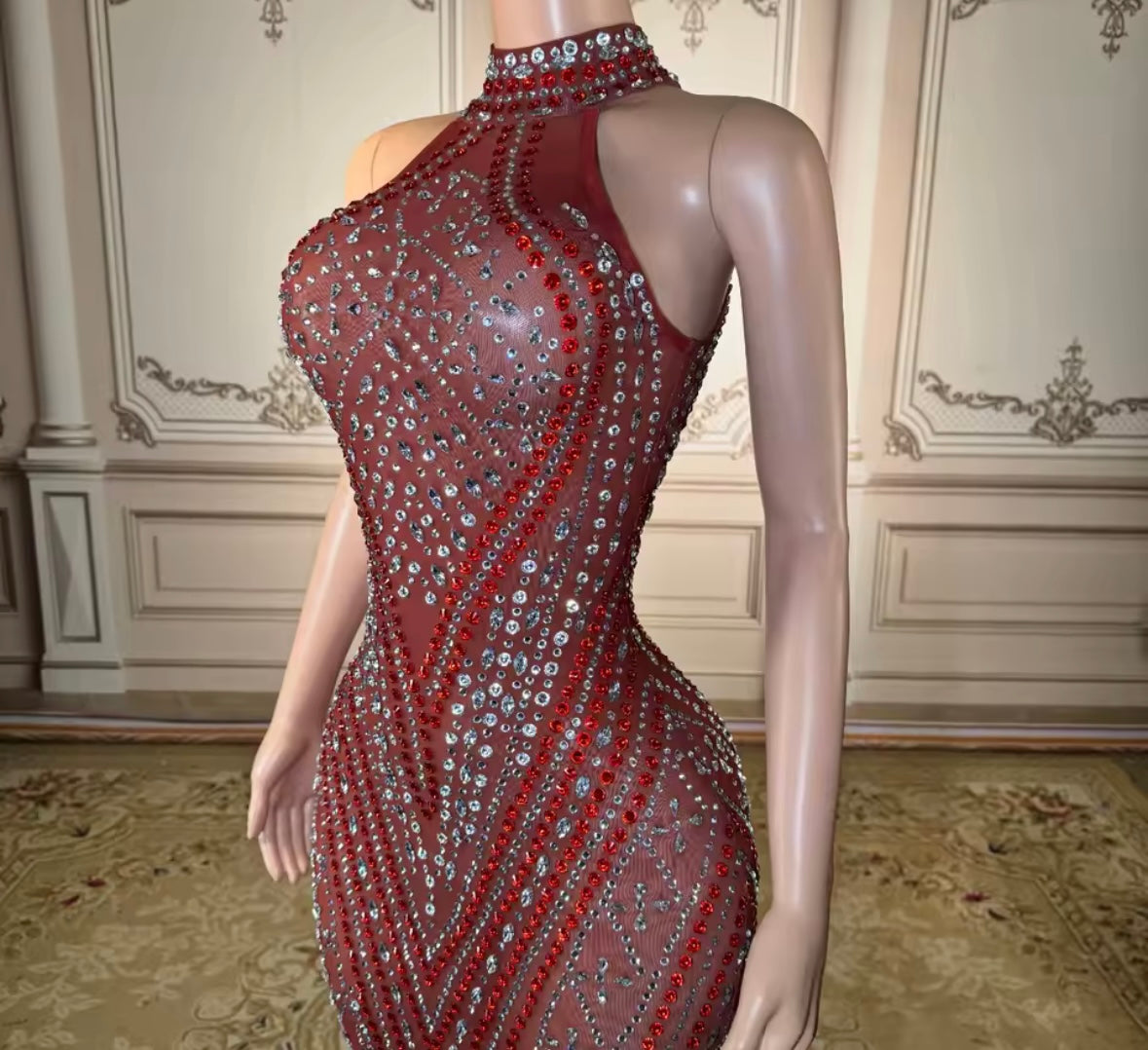 Sexy Sleeveless Red Rhinestone Embellishment Mermaid Dress