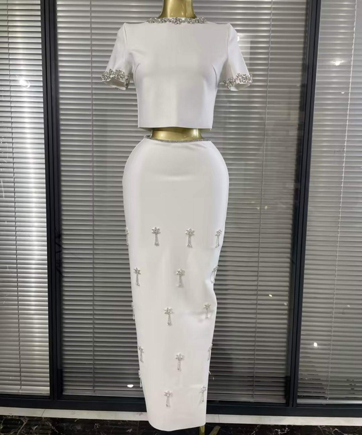 Elegant Rhinestone Embellishment Short Sleeve Maxi Skirt Set