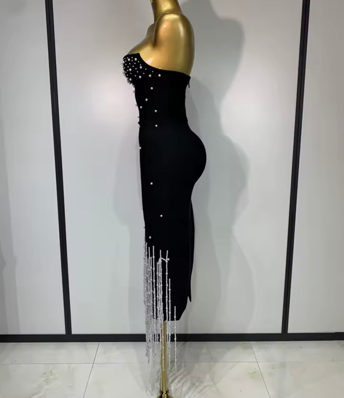 Black Strapless Elegant Pearl Rhinestone Tassel Dress
