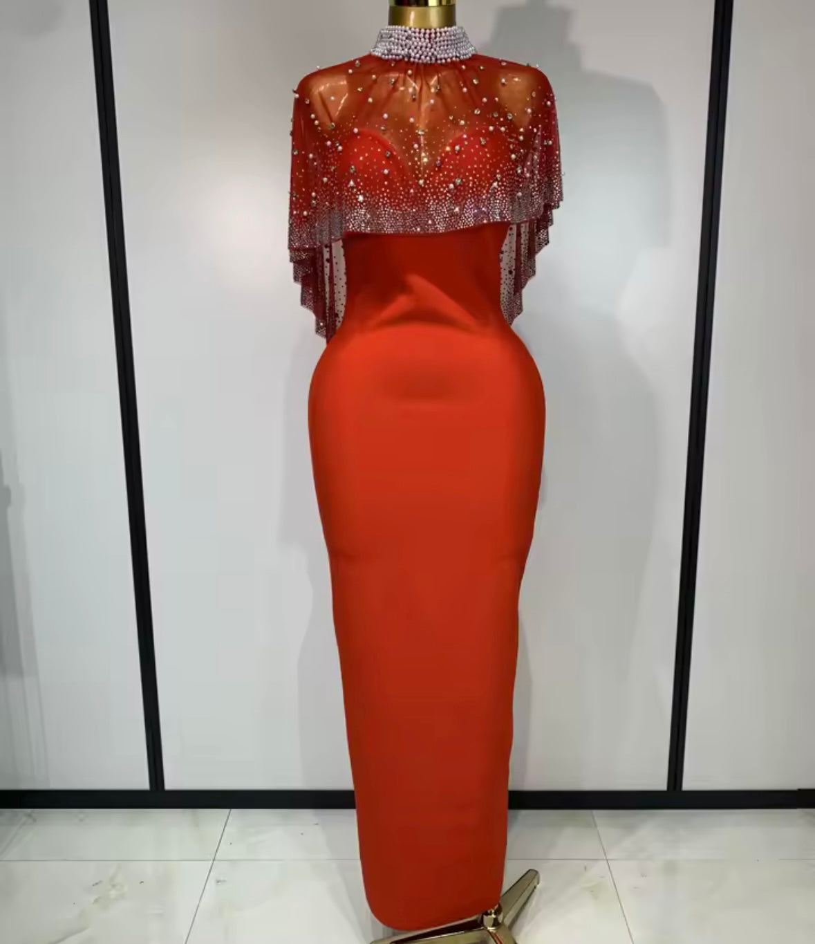 Elegant Red Beaded Rhinestone Cloak Strapless Maxi Dress