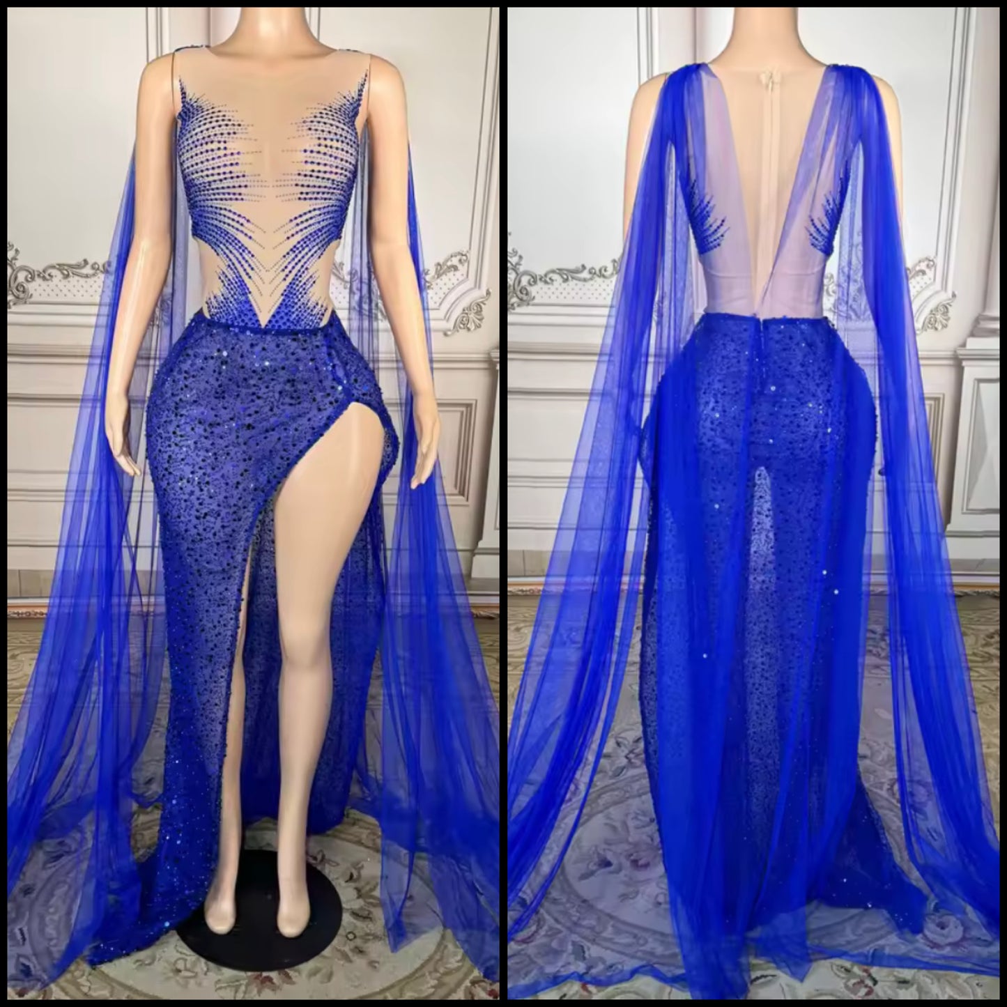 Blue Sexy Sleeveless Rhinestone Side Split Maxi Dress
