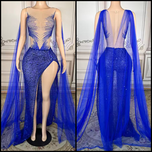 Blue Sexy Sleeveless Rhinestone Side Split Maxi Dress