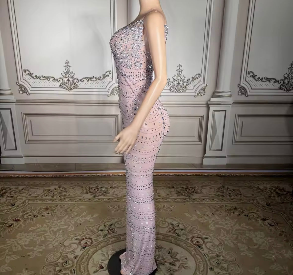 Sexy Pink Rhinestone Sleeveless Floor-Length Dress