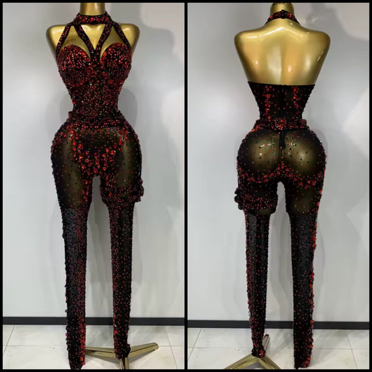 Black Sexy Halter Sleeveless Red Rhinestone See Through Jumpsuit