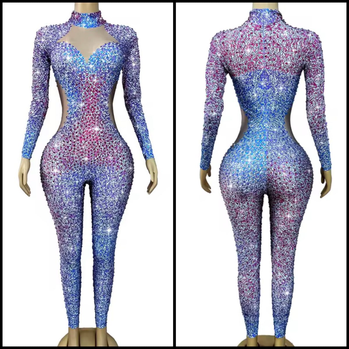 Sexy Multicolored Rhinestone Full Sleeve Jumpsuit
