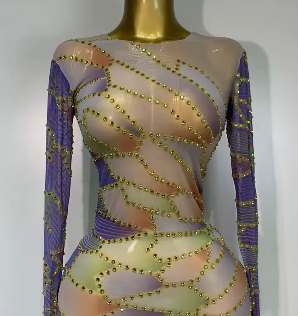 Sexy Multicolored Rhinestone Full Sleeve Floor-Length Dress
