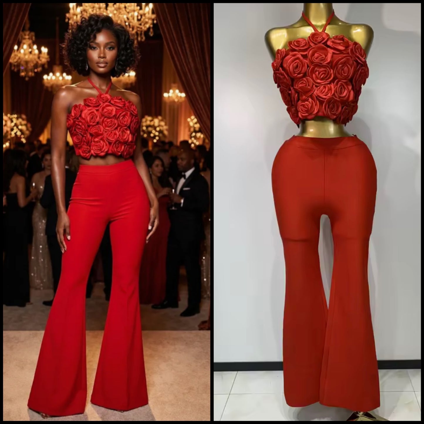 Halter Sleeveless 3D Floral Crop Two Piece Pant Set