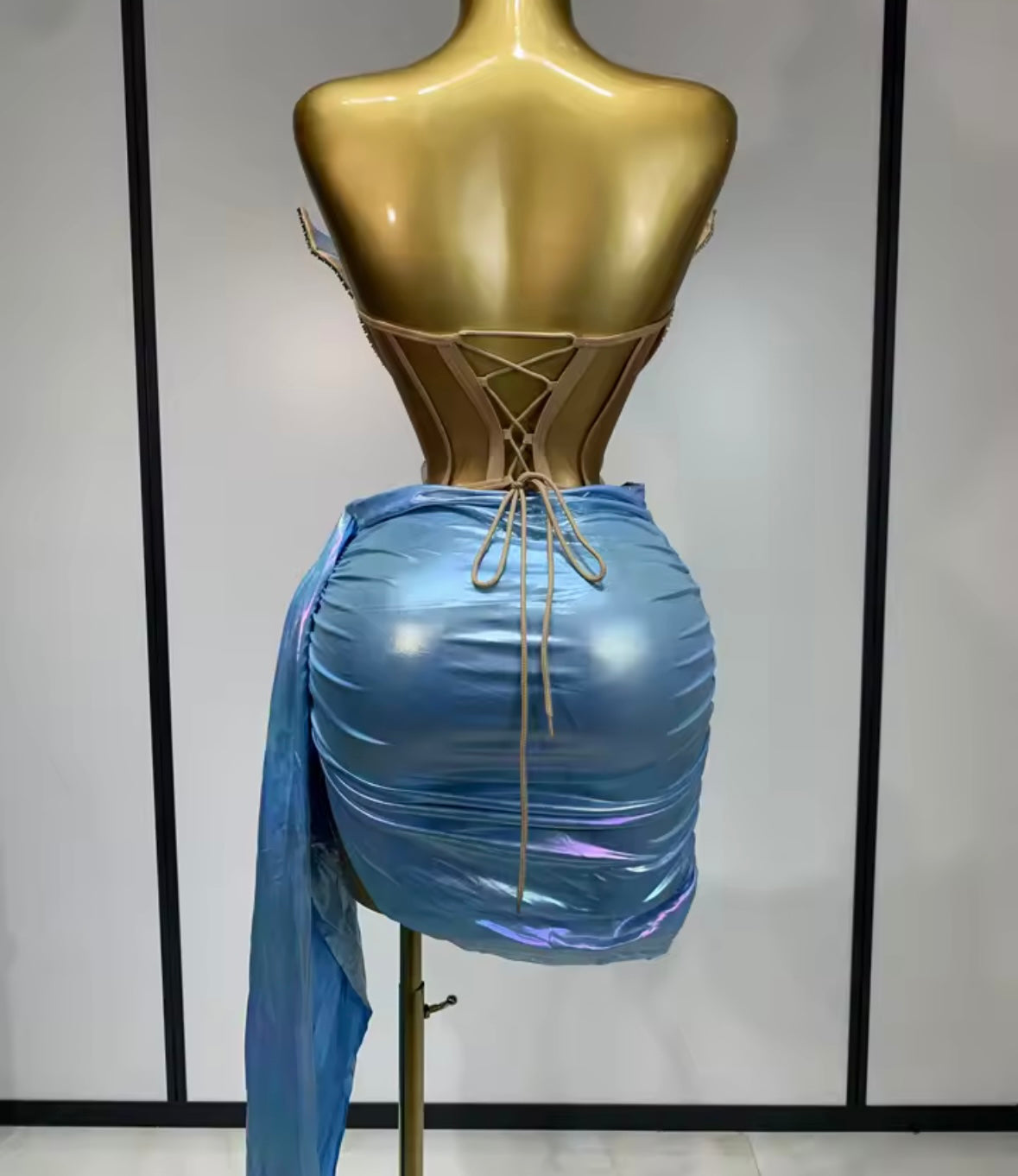 Color Rhinestone Strapless Corset Two Piece PU Tassel Skirt Set