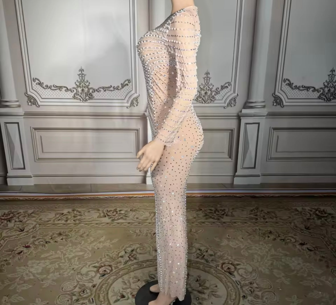Sexy Pearl Rhinestone See Through Maxi Dress
