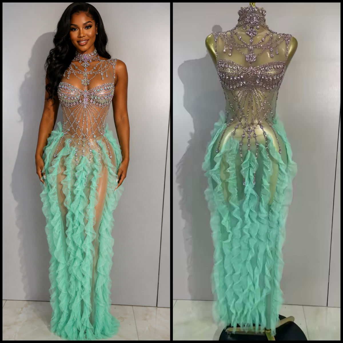 Sexy Sleeveless Rhinestone Ruffle See Through Maxi Dress