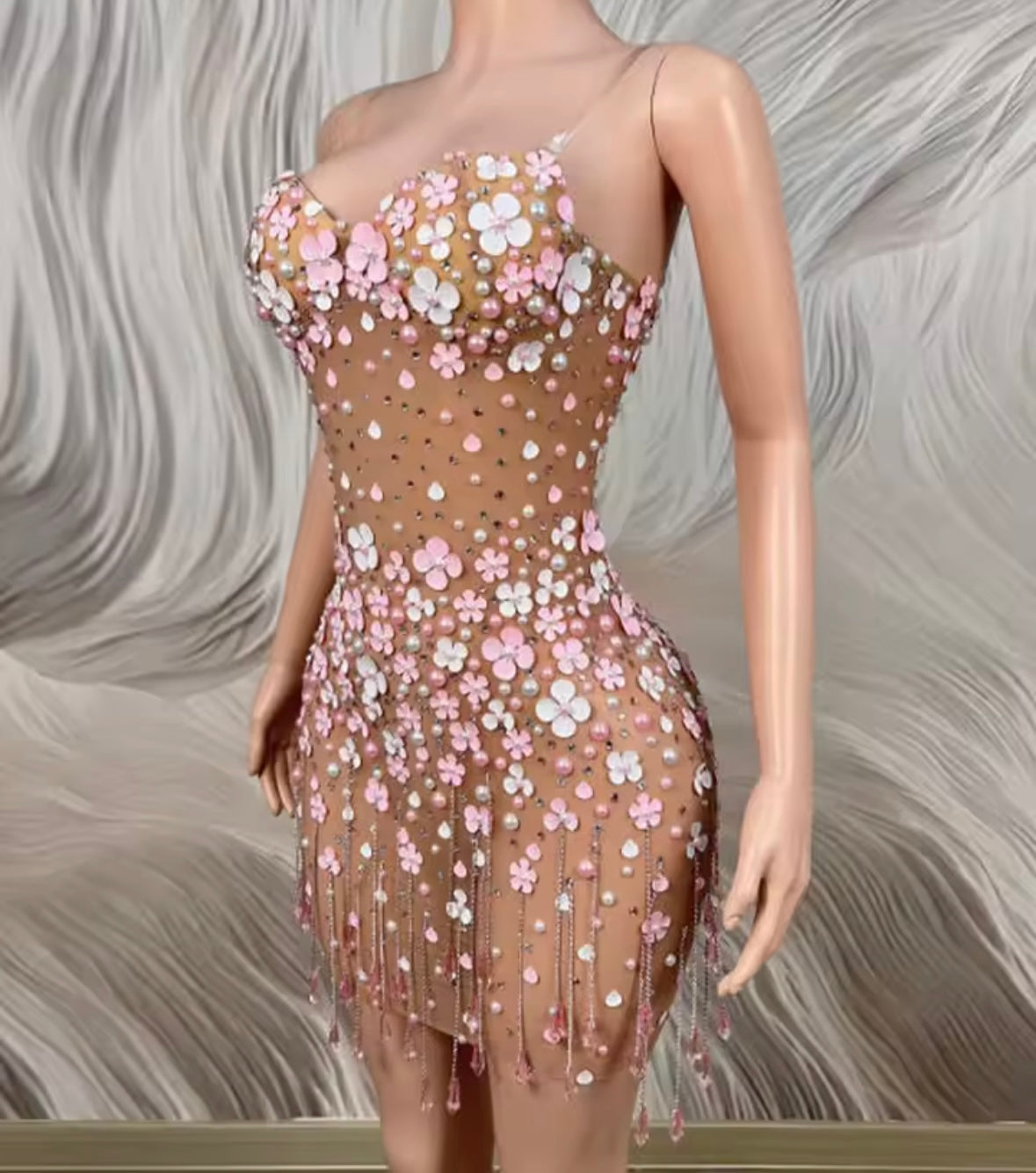 Sexy Sleeveless Rhinestone Pearl Floral Tassel See Through Dress