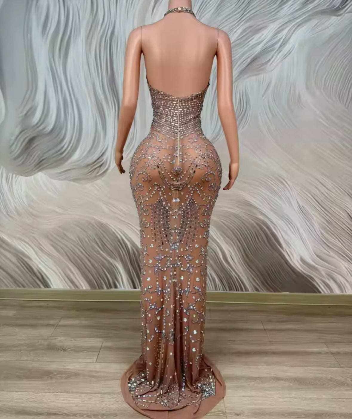 Sexy Halter Sleeveless Open Back Rhinestone Maxi Dress