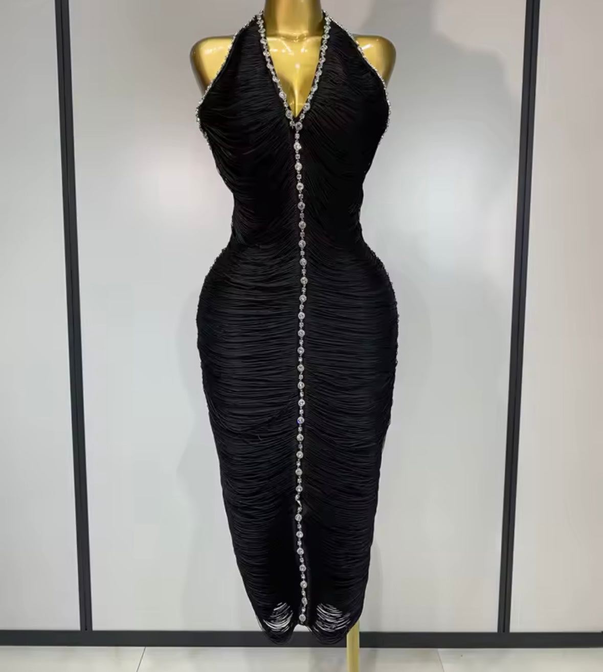Black Rhinestone Fringe Open Back Sexy Dress