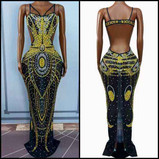 Sexy Sleeveless Open Back Rhinestone Maxi Dress