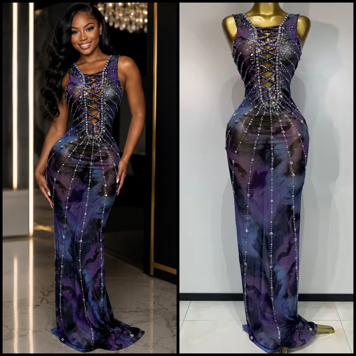 Sexy Sleeveless See Through Gradient Rhinestone Maxi Dress