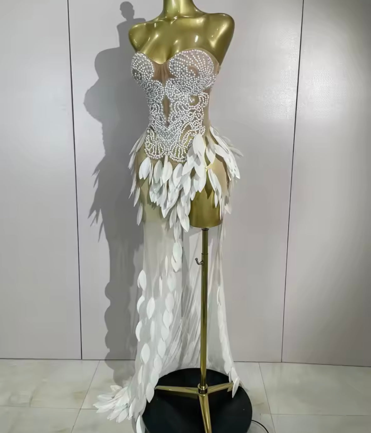 Sexy Sequins Pearl Rhinestone Strapless Side Split Maxi Dress