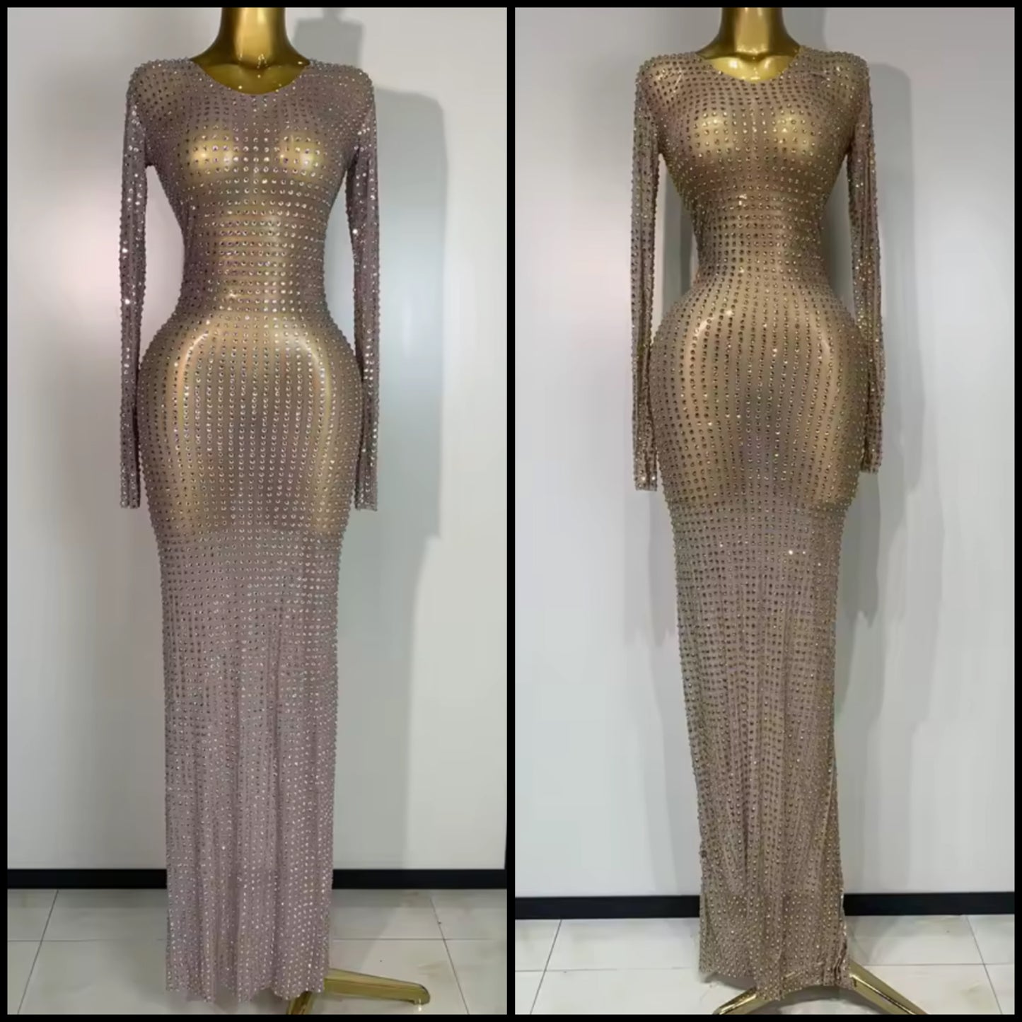 Sexy See Through Full Sleeve Rhinestone Floor-Length Dress