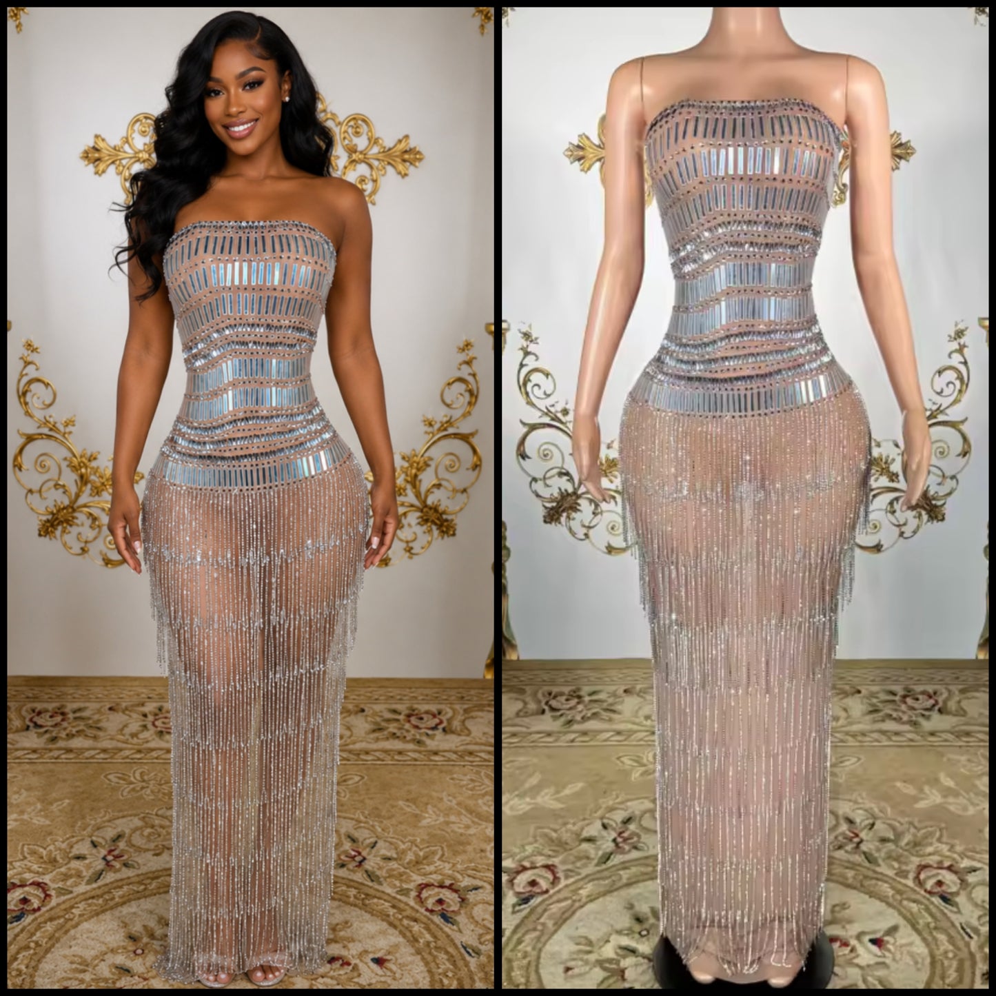 Sexy Strapless Mirror Rhinestone Tassel Maxi Dress