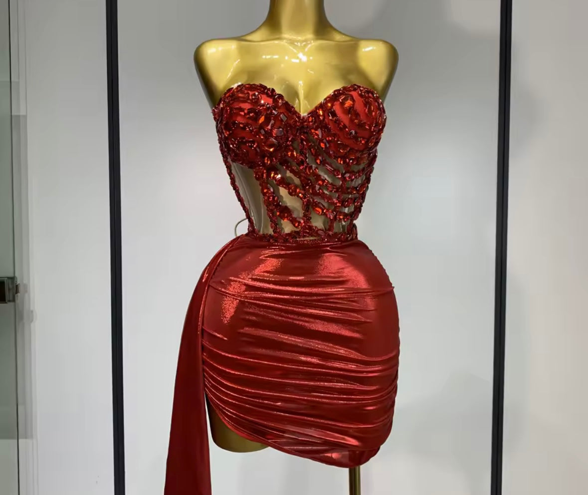 Crystal Strapless Sexy Mesh Corset Two Piece PU Skirt Set