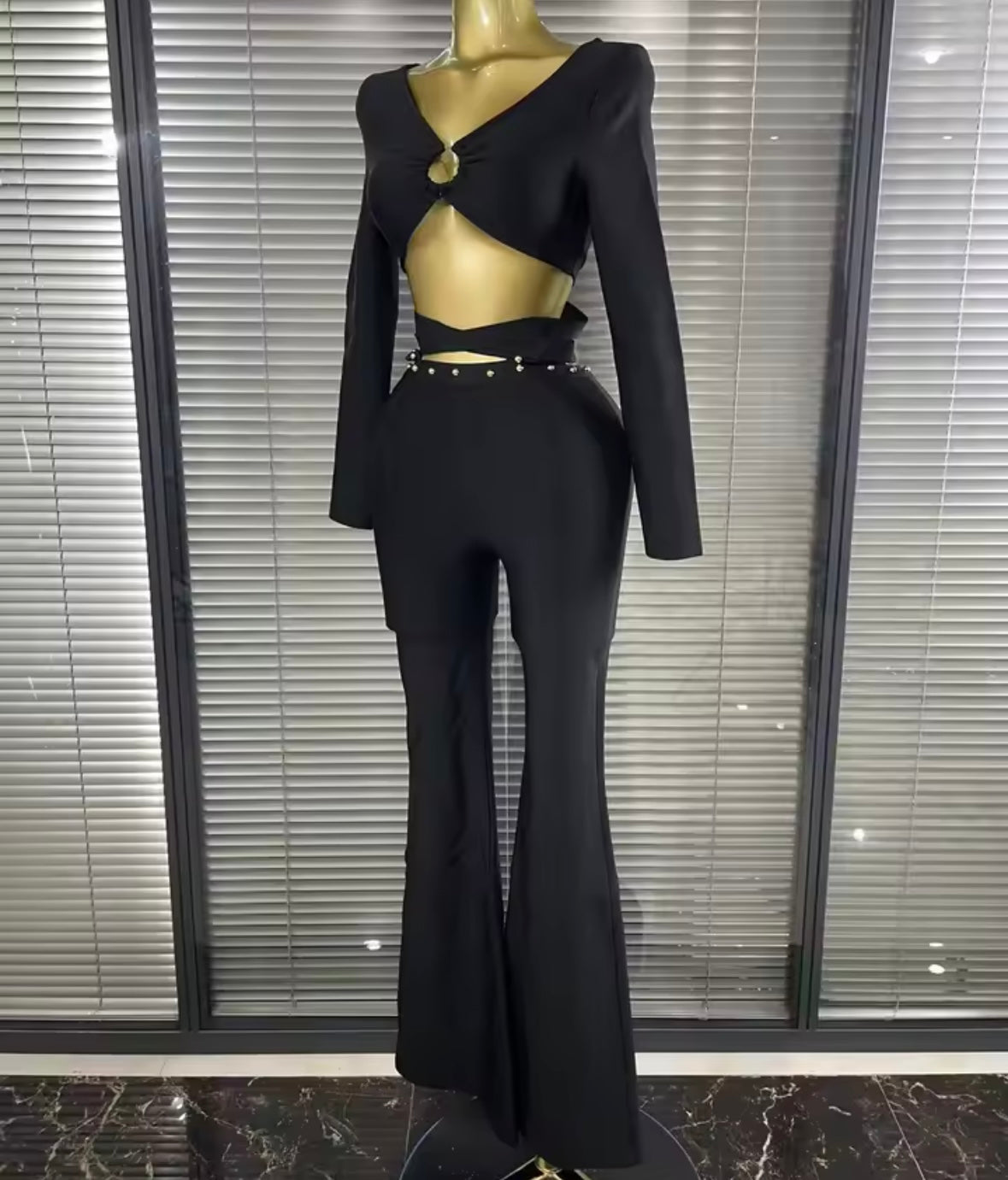 Sexy Black Rivet Full Sleeve Crop Pant Set