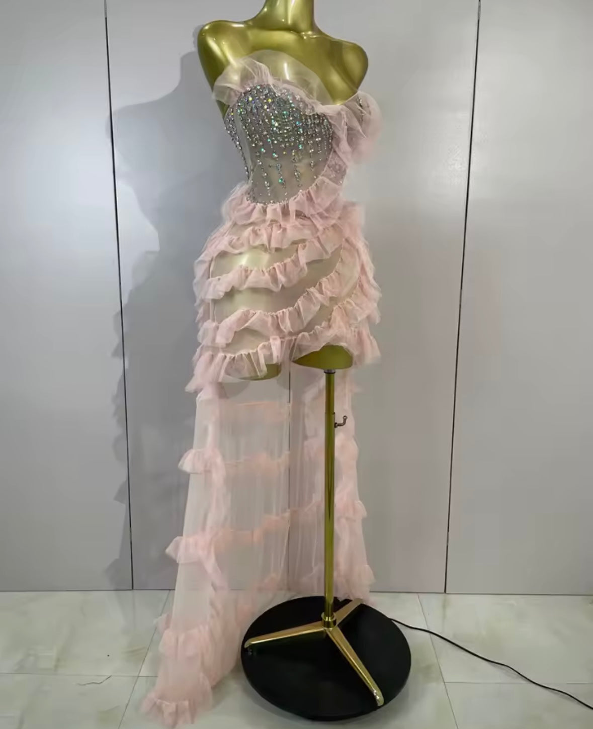 Pink Strapless Sexy Rhinestone Ruffle Asymmetrical Dress