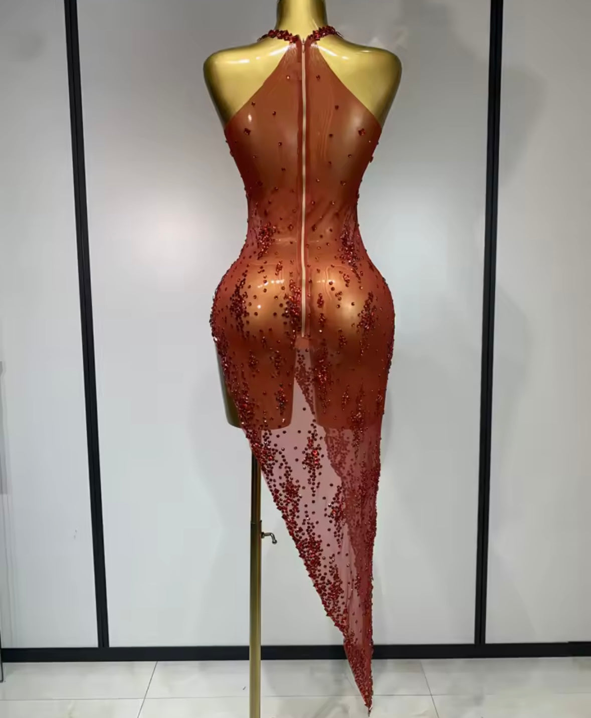 Sexy Sleeveless See Through Rhinestone Asymmetrical Dress