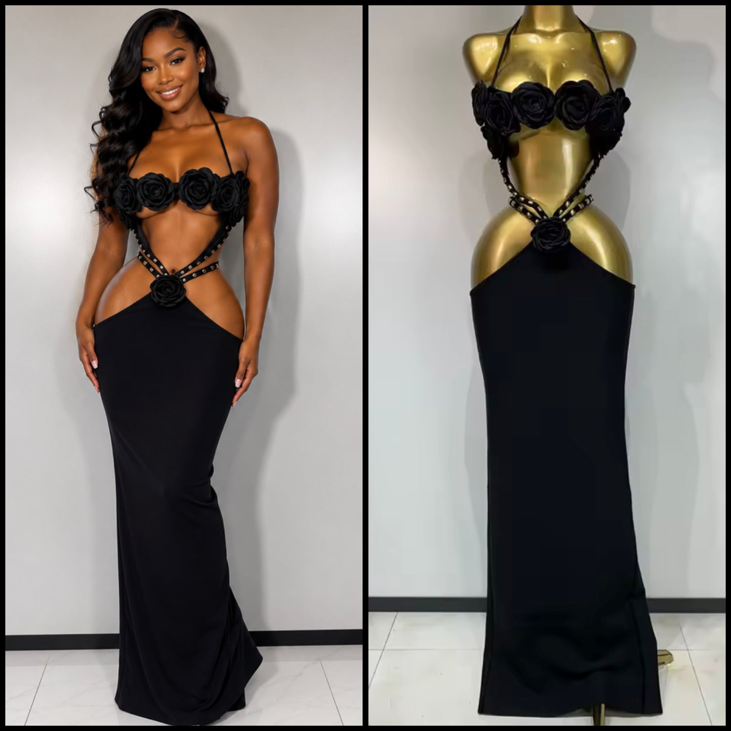 Black Sexy Halter Sleeveless Floral Hollow Out Maxi Dress