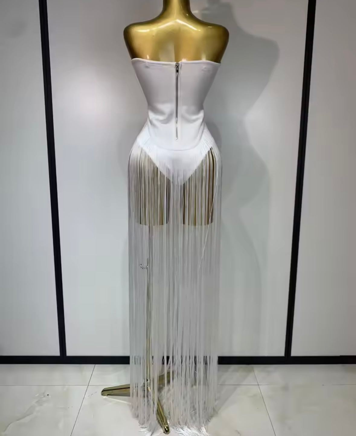 Sexy Strapless Fringe Tassel Maxi Dress