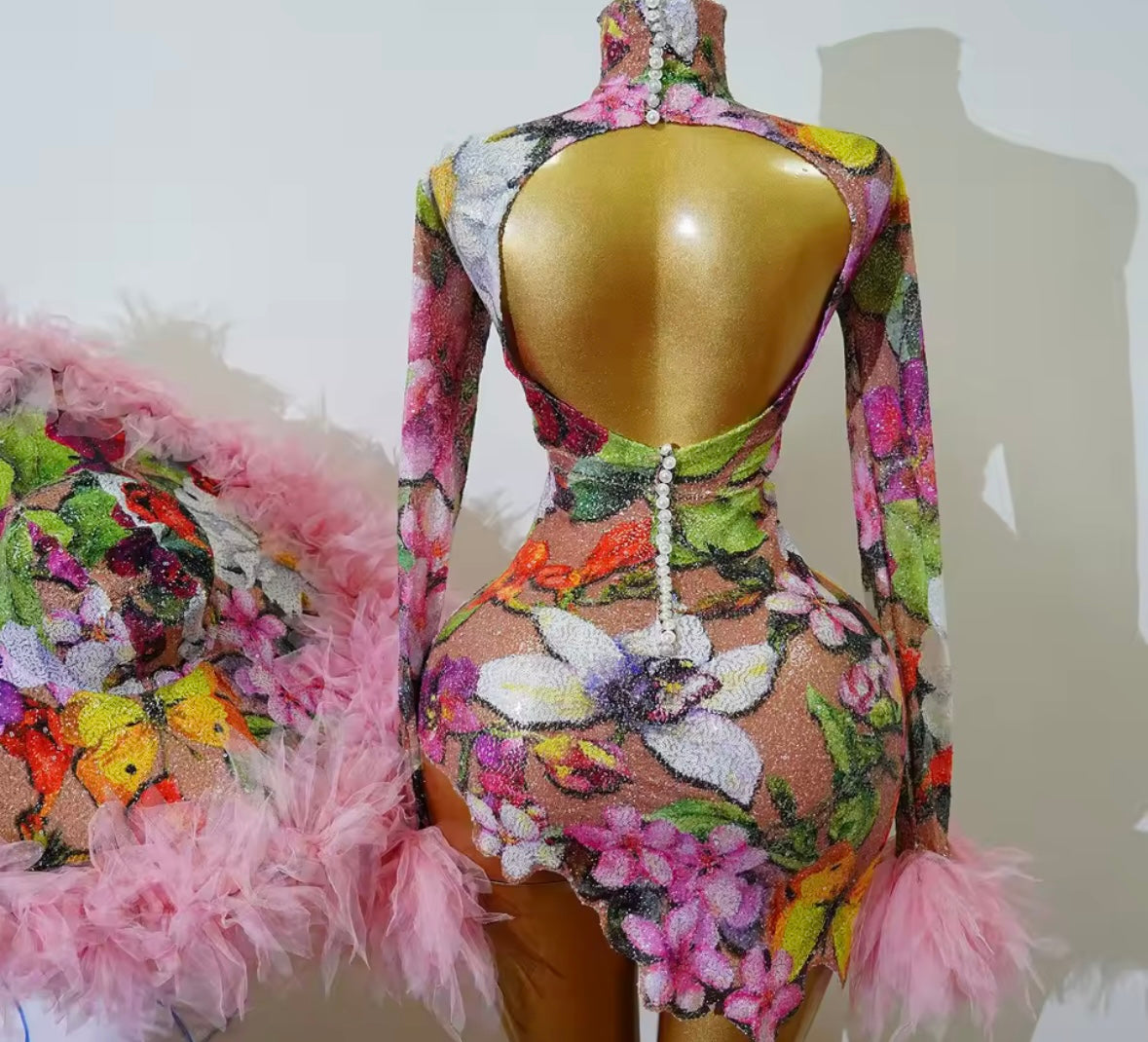 Sexy Floral Sequins Ruffle Full Sleeve Dress Hat Set