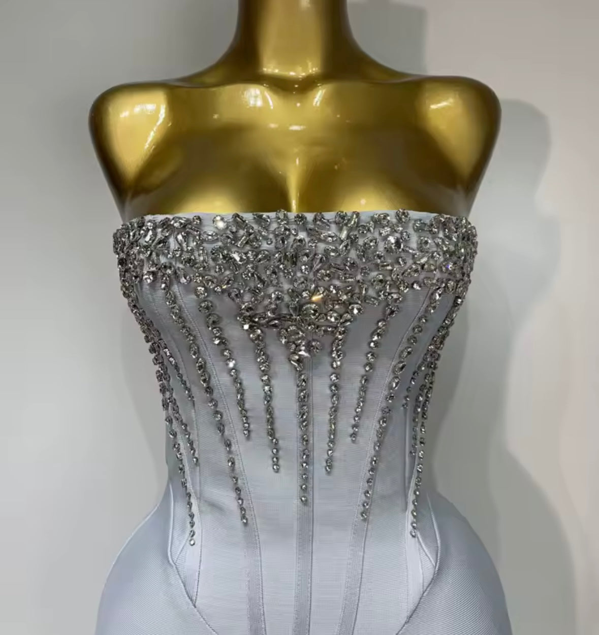 Elegant Light Gray Rhinestone Strapless Corset Maxi Dress