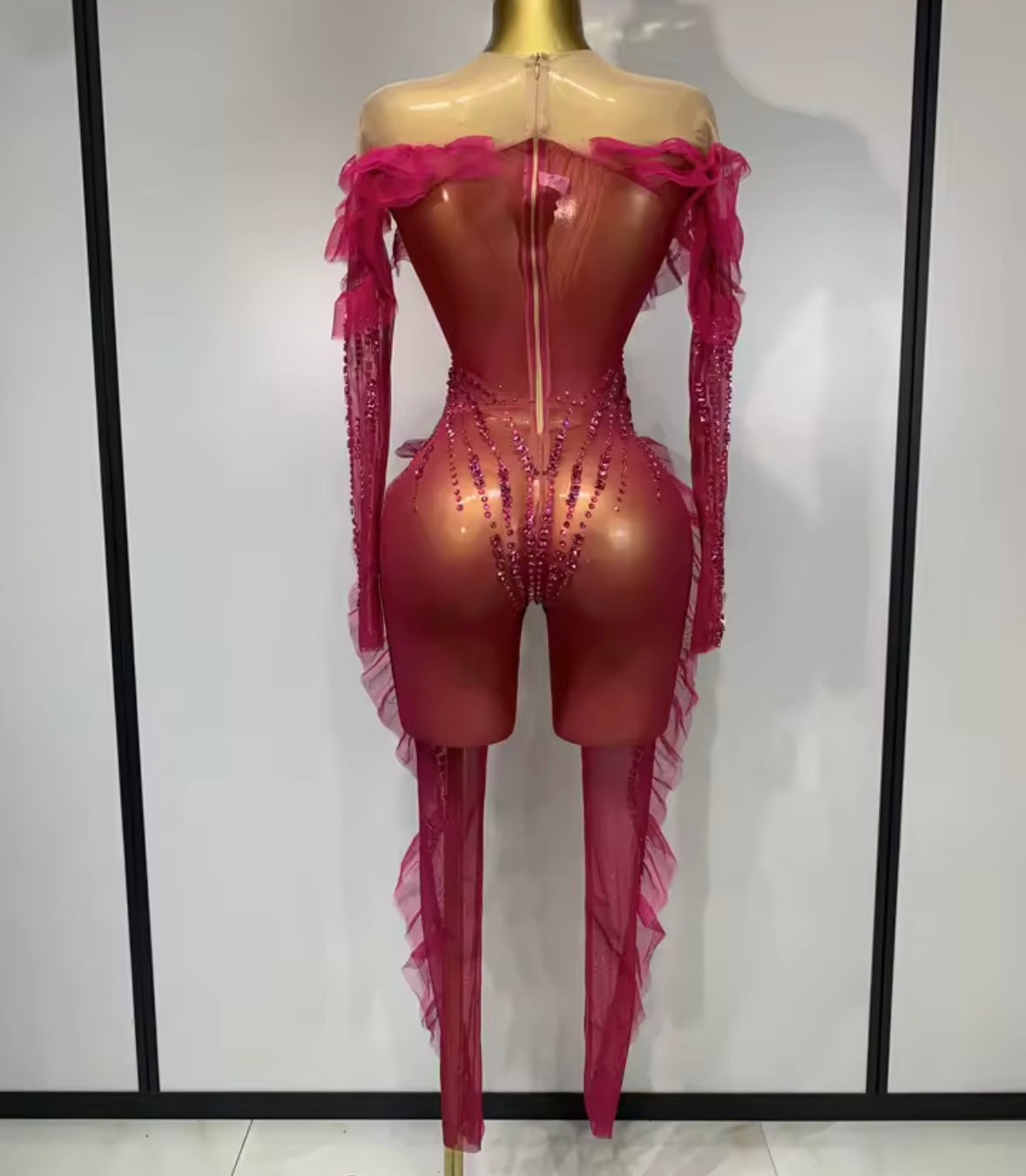 Pink Sexy Ruffled Rhinestone See Through Jumpsuit