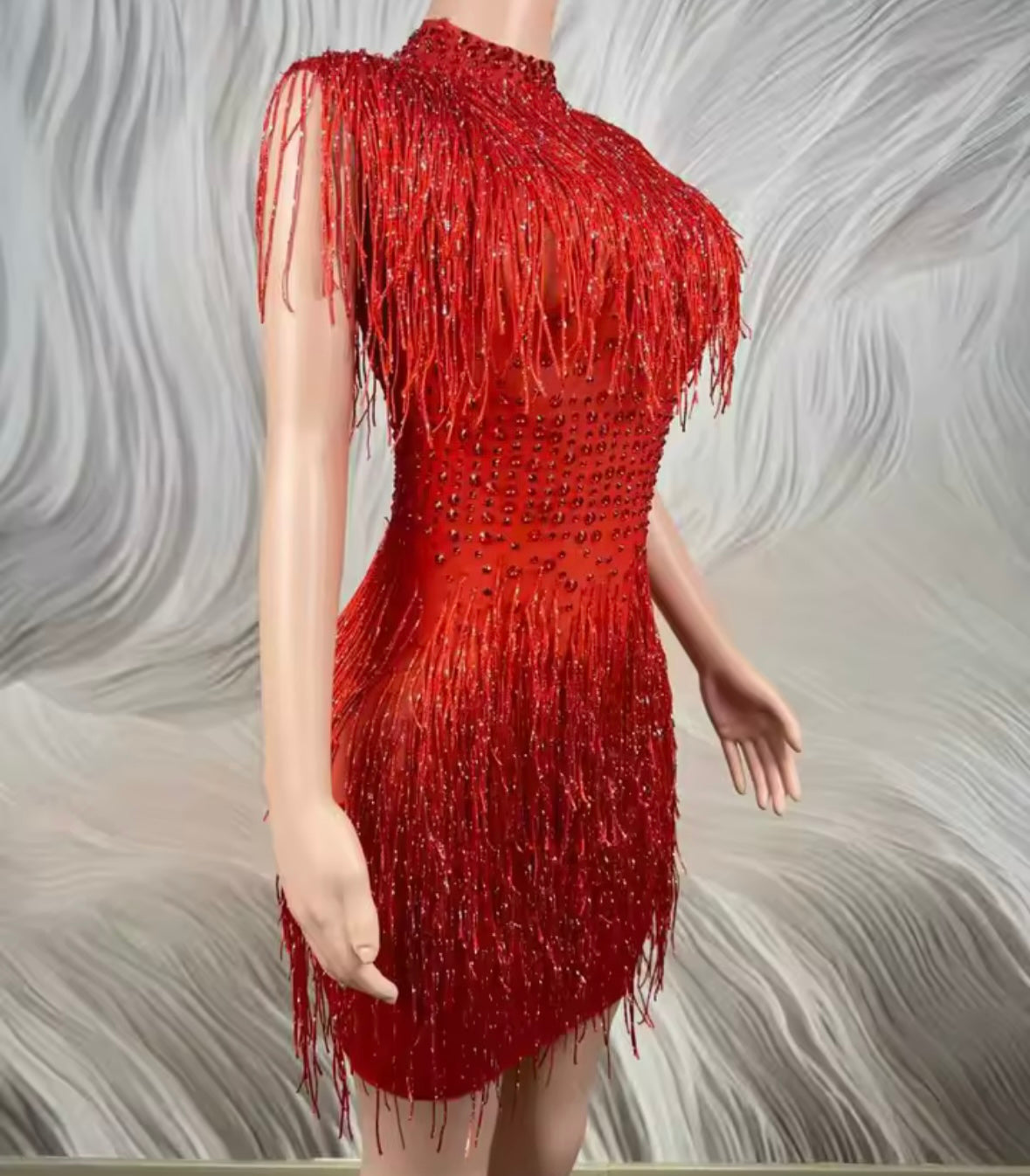 Red Sexy Rhinestone Tassel Dress