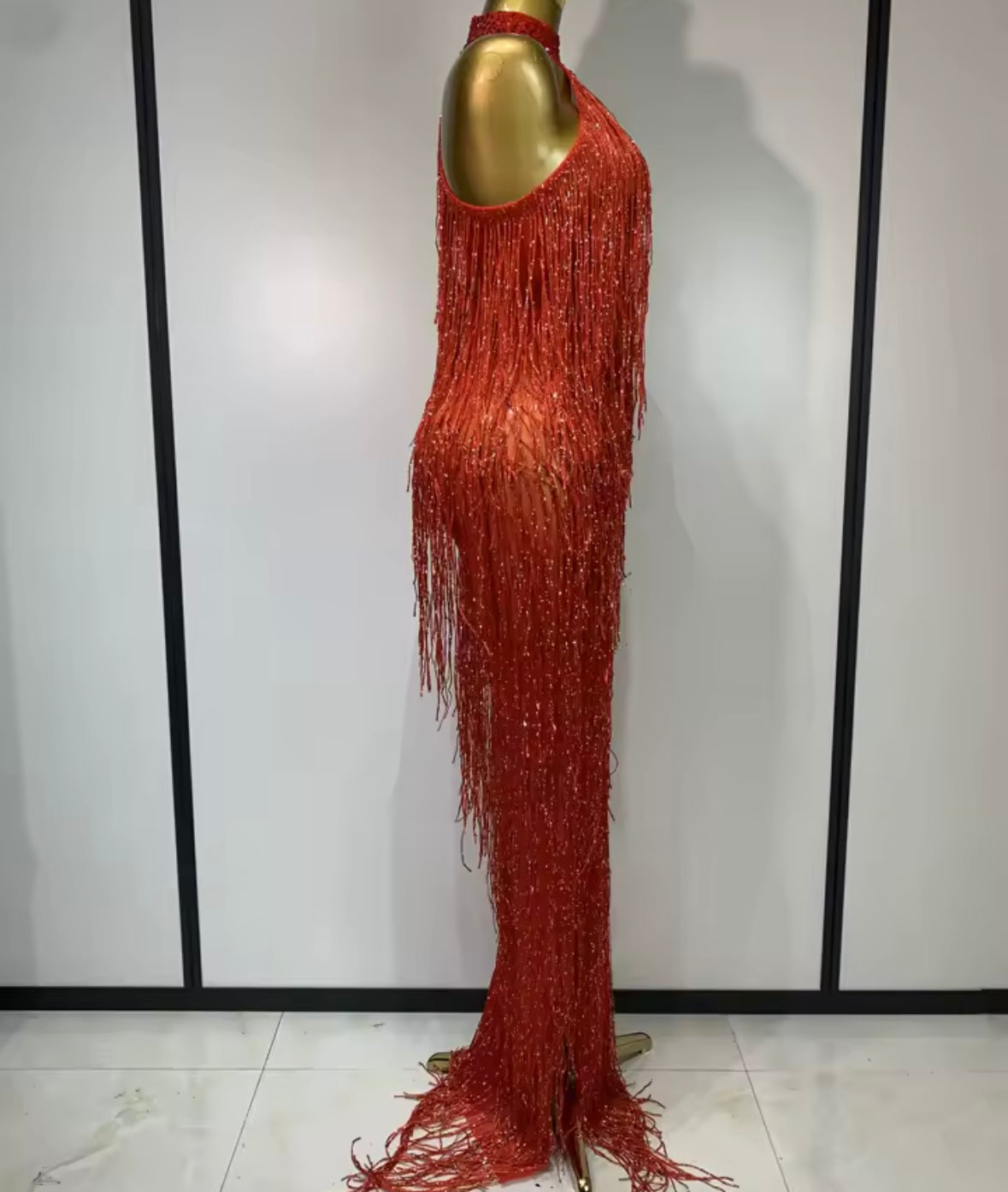 Sexy Halter Sleeveless Beaded Fringe Floor-Length Dress